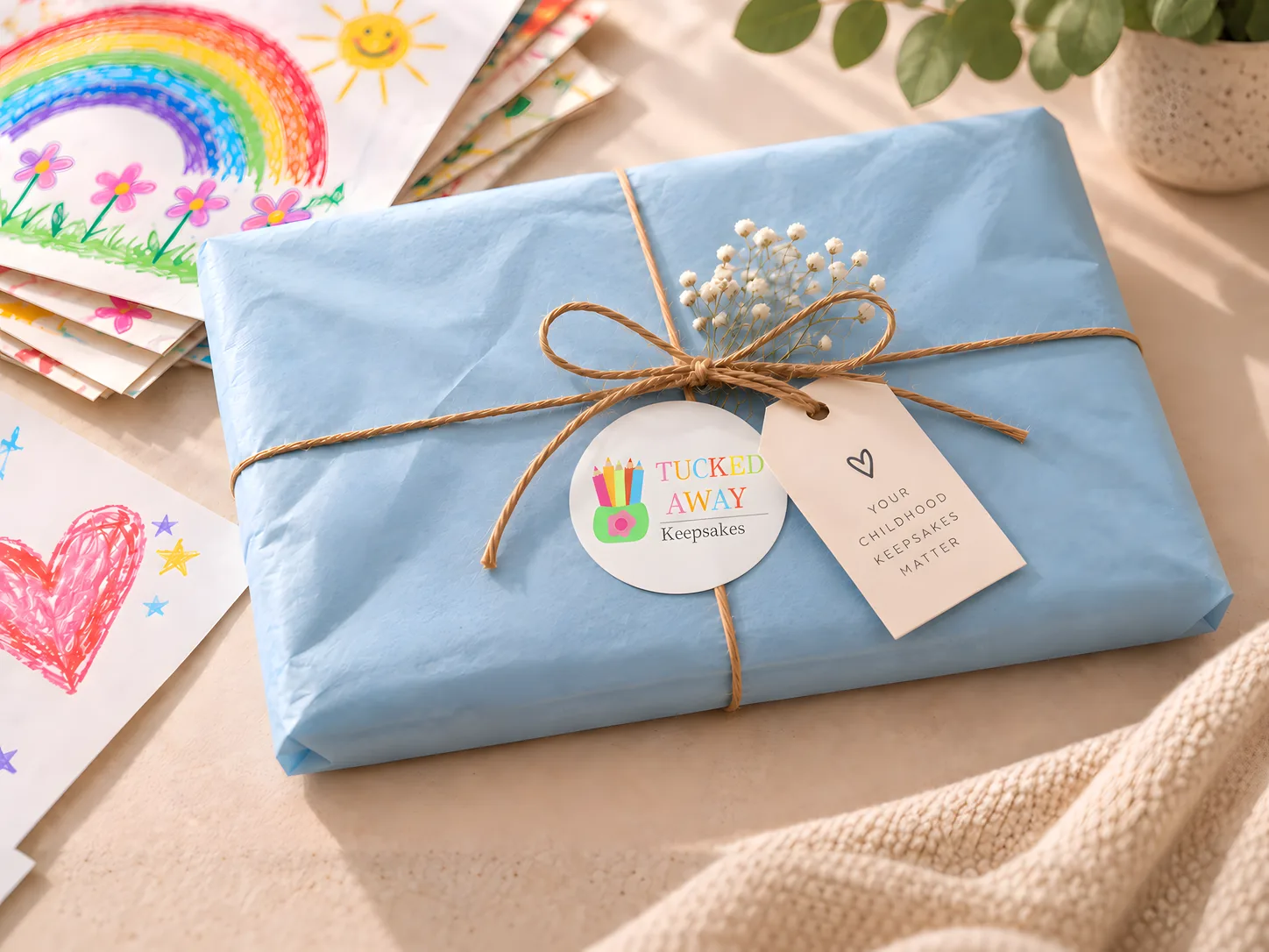 A parcel wrapped in blue tissue and twine, with a Tucked Away Keepsakes sticker and a tag, beside children's crayon drawings