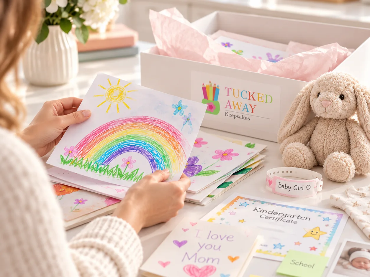 A woman sorting kids' artwork into a Tucked Away Keepsakes box, with sticky notes marking the piles
