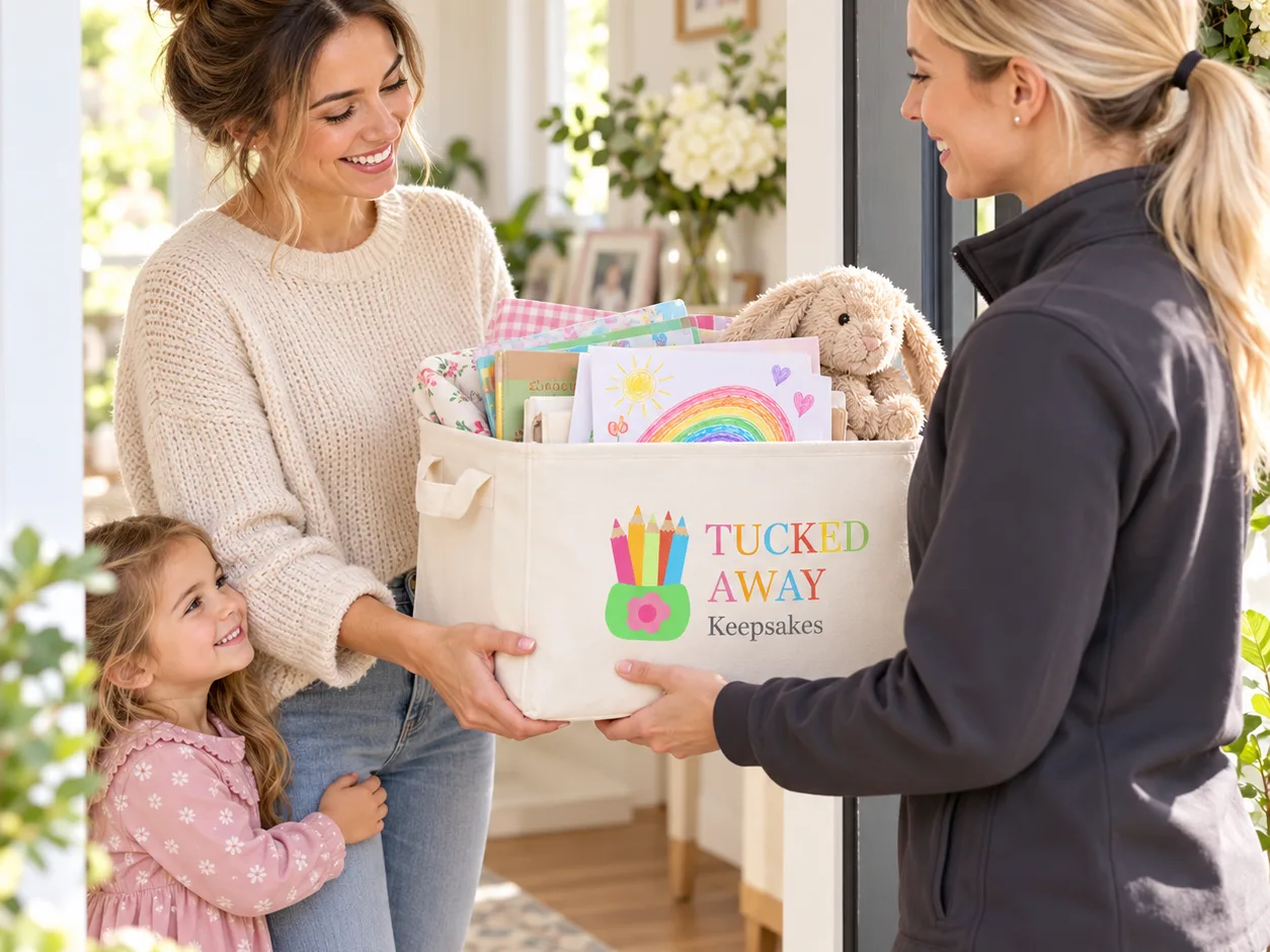 A woman and a girl at their front door handing a Tucked Away Keepsakes box of kids' artwork to a second woman