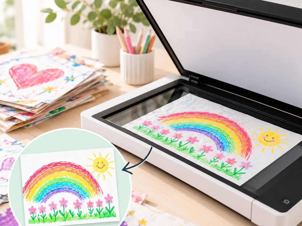 A child's rainbow drawing on an open flatbed scanner, with a circled clean copy and stacks of more artwork around it