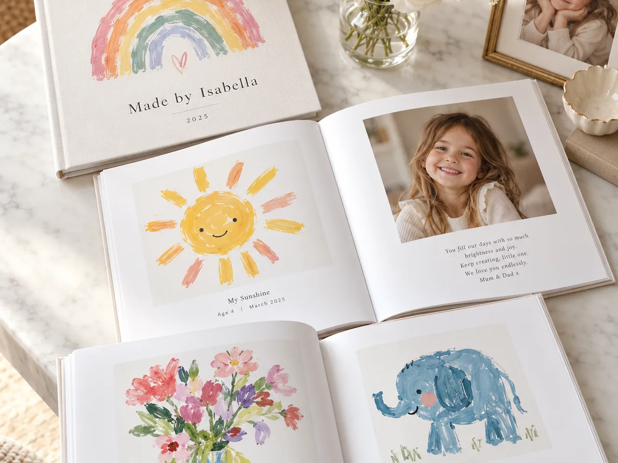 Printed books of a child's drawings (a rainbow cover, a sun, flowers, an elephant) next to a framed photo