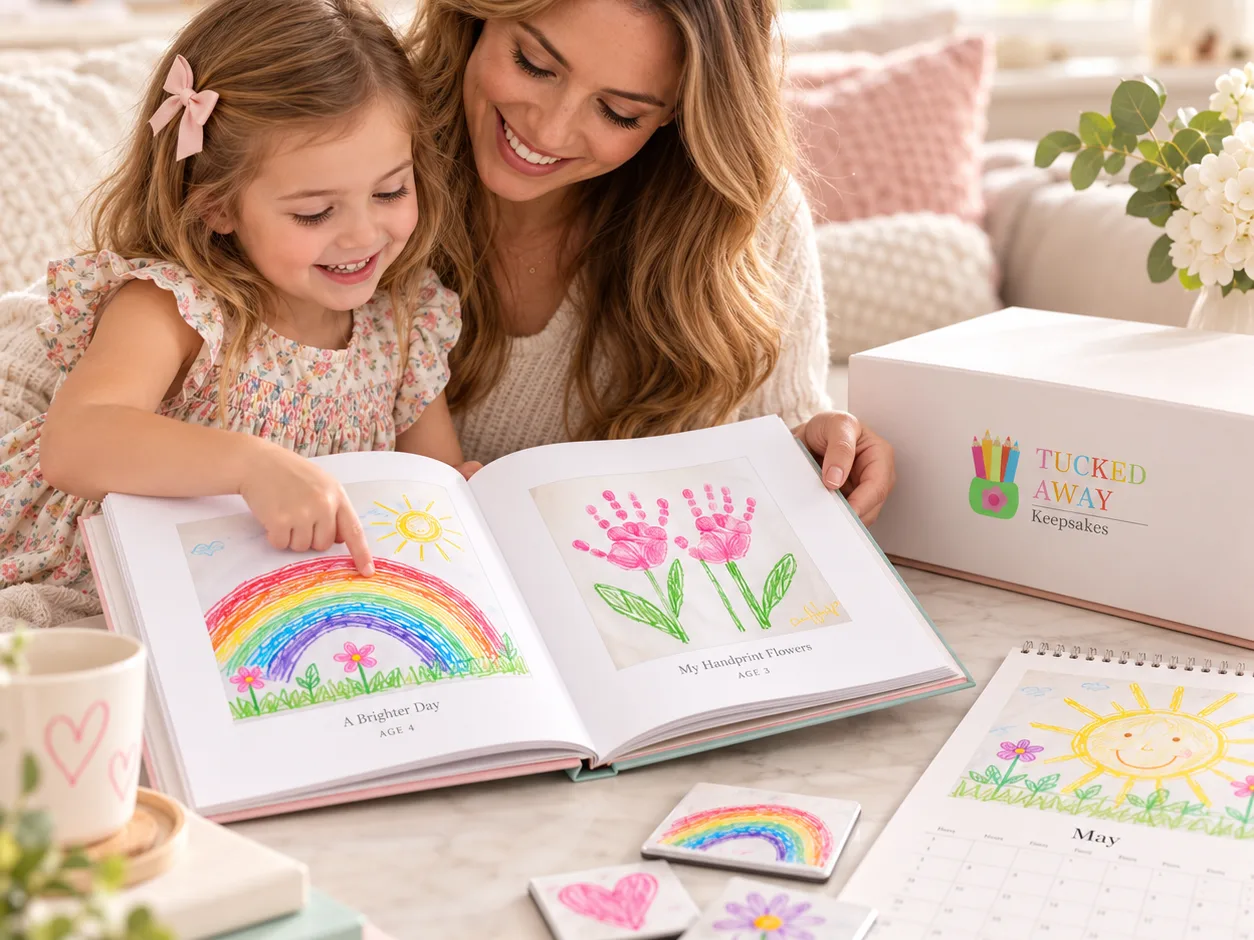 A woman and a girl smiling at a book of the girl's drawings, with fridge magnets and a calendar beside it